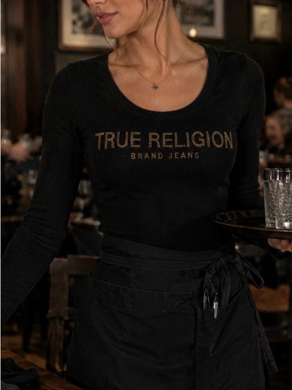 True Religion Knit Top Women S Black Excellent Studded Logo Scoop Long Sleeve